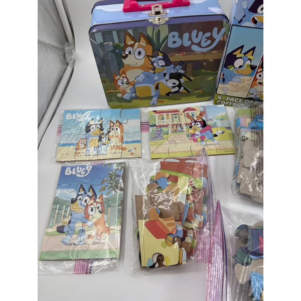 Bluey Heeler Puzzle Lot Metal Tin Lunch Box +3 Mini Puzzles+ 5-12x12 Puzzles EUC